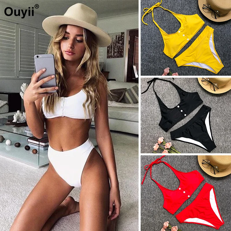 

2019 High Waist Bikini Solid Color Fashion Swimwear Set Button Women's Split Sexy Swimsuit Summer Beach Swimwear