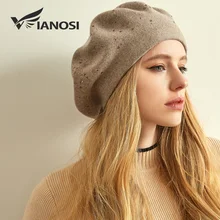 VIANOSI, Зимний берет, шапка, для женщин, шерсть, вязаные береты, кепки со стразами, женская мода, одноцветная, толстая, теплая, Gorros