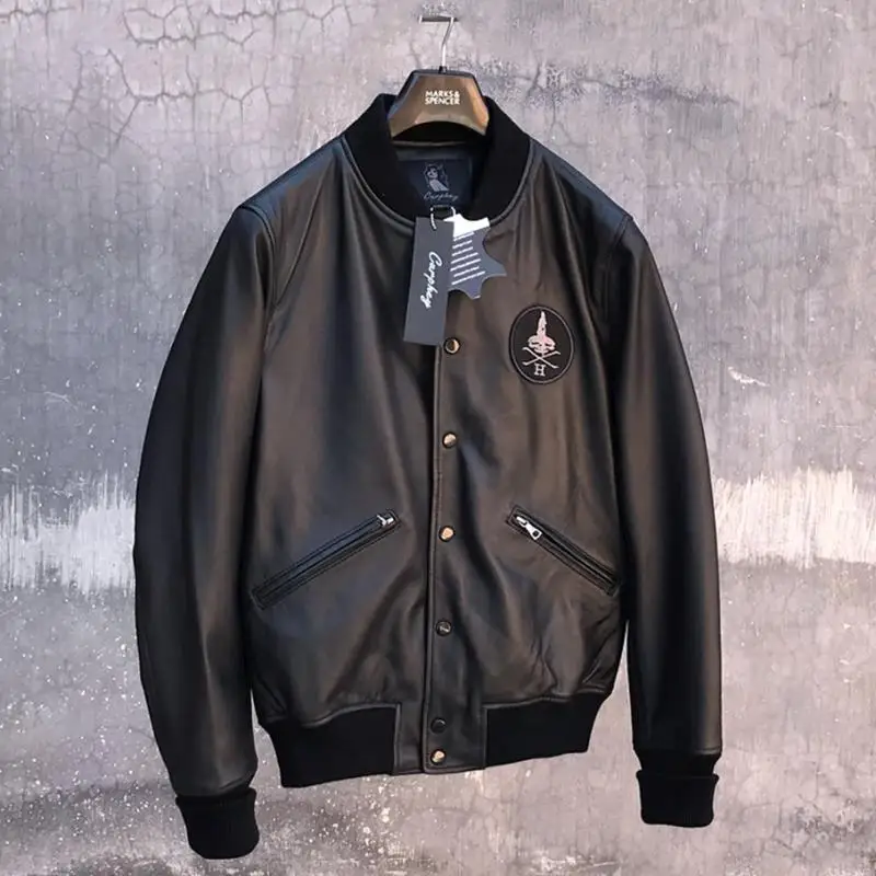 

2019 new arrival spring autumn man genuine sheepskin leather coat male casual jacket with badge black plus oversize 2xl 3xl 4xl