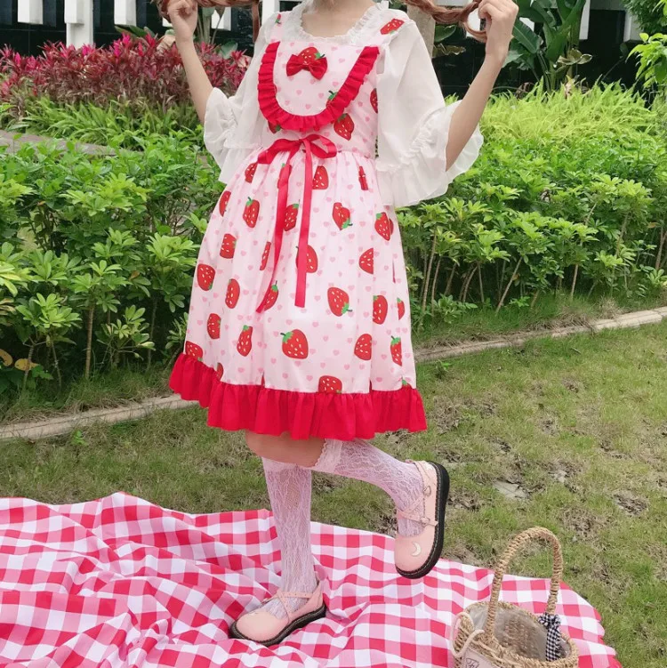 Японский стиль Kawaii Лолита платье для женщин Весна Лето клубника вишня Принт Сарафан подростковое платье с рюшами без рукавов