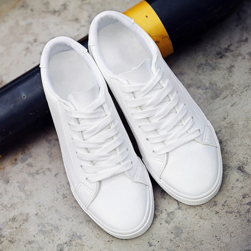 New Women White Vulcanized Shoes Tennis Shoes Lace up Solid Female PU ...