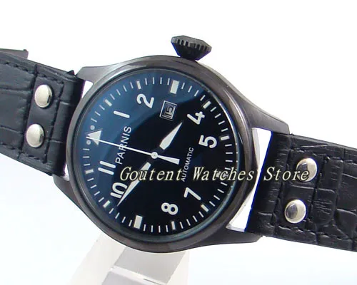 

47mm Parnis Black Leather Black Dial PVD Case Seagull Automatic Men's Watch