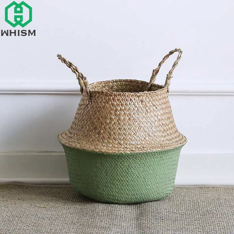 Hamdmake Flower Storage Basket pot Seagrass Rattan Laundry Basket Folding Woven Clothes Toy Sundries Home Storage Baskets