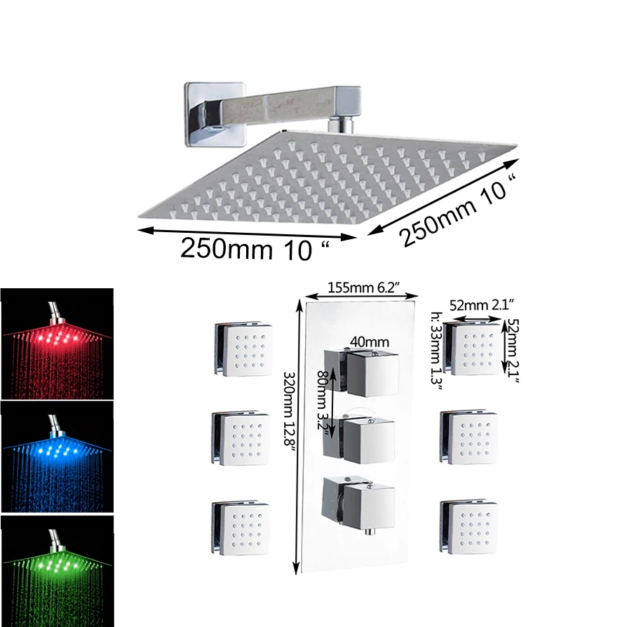 Термостатическая 8 10 12 16 насадка для душа настенный светодиодный квадратный латунный дождевой душевой набор 6 струй дождевой душевой набор для ванной комнаты - Цвет: 10 Inch LED Set
