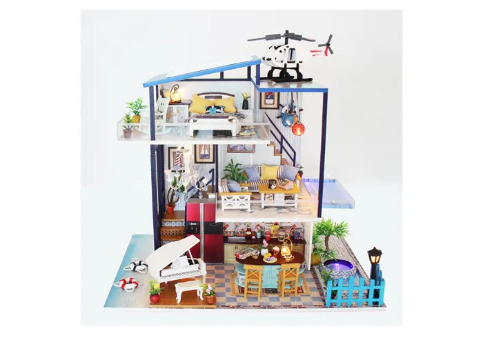 Large DIY Doll House CASA DE BONECA Miniature Diy Puzzle Toy Wooden Furniture Villa House Model Assembled Toys Blue Ocean