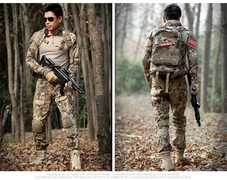 Военная Униформа Костюмы Тактический футболка + брюки для мужчин Охотник боевой камуфляж одежда с шапки ремни наколенники спецназ