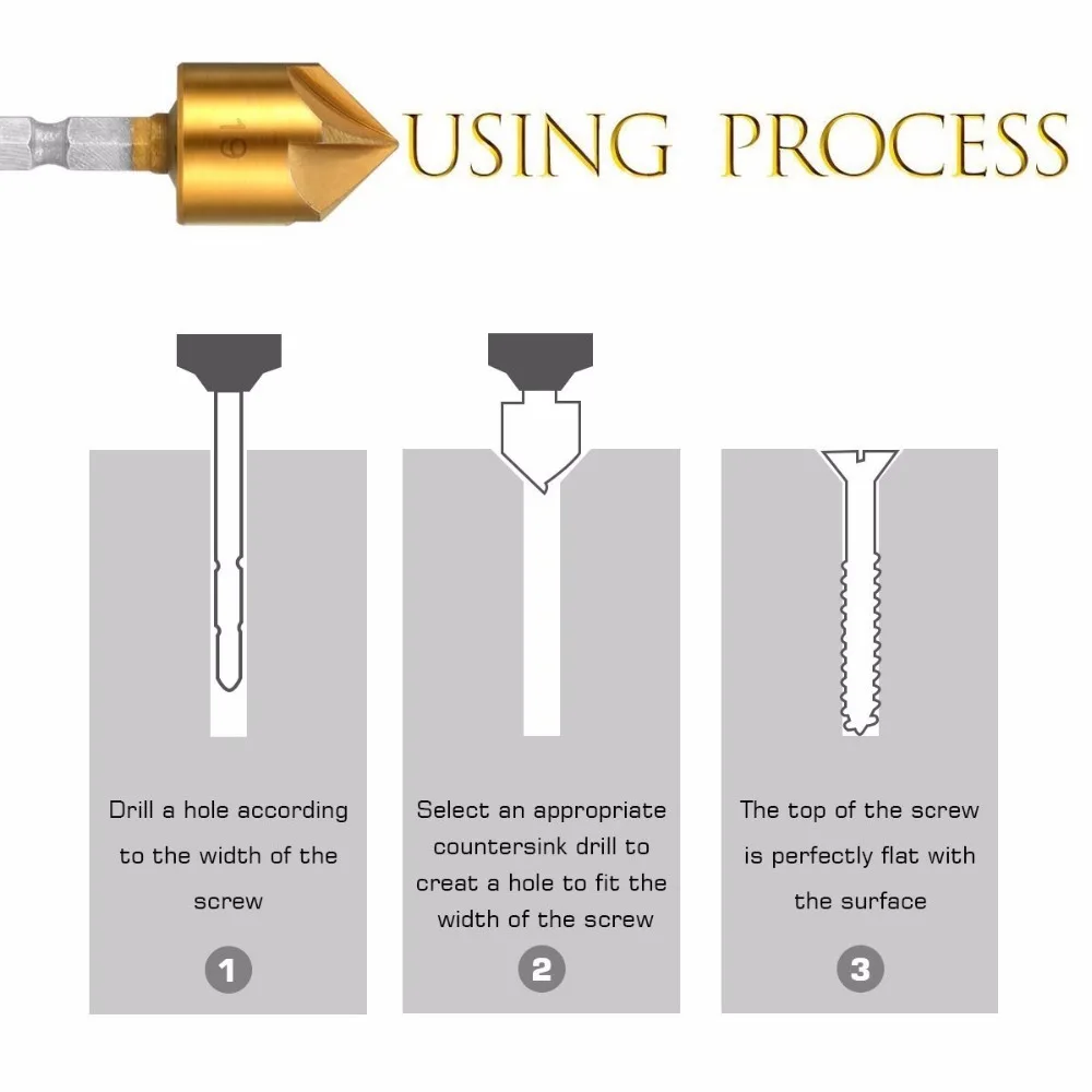 1Pc Brass Automatic Punch + 6Pcs Hex Shank Five-blade Chamfering Drill Bit High Carbon Steel Titanium Plated for Wood DIY 1Pc Brass Automatic Punch + 6Pcs Hex Shank Five-blade Chamfering Drill Bit High Carbon Steel Titanium Plated for Wood DIY