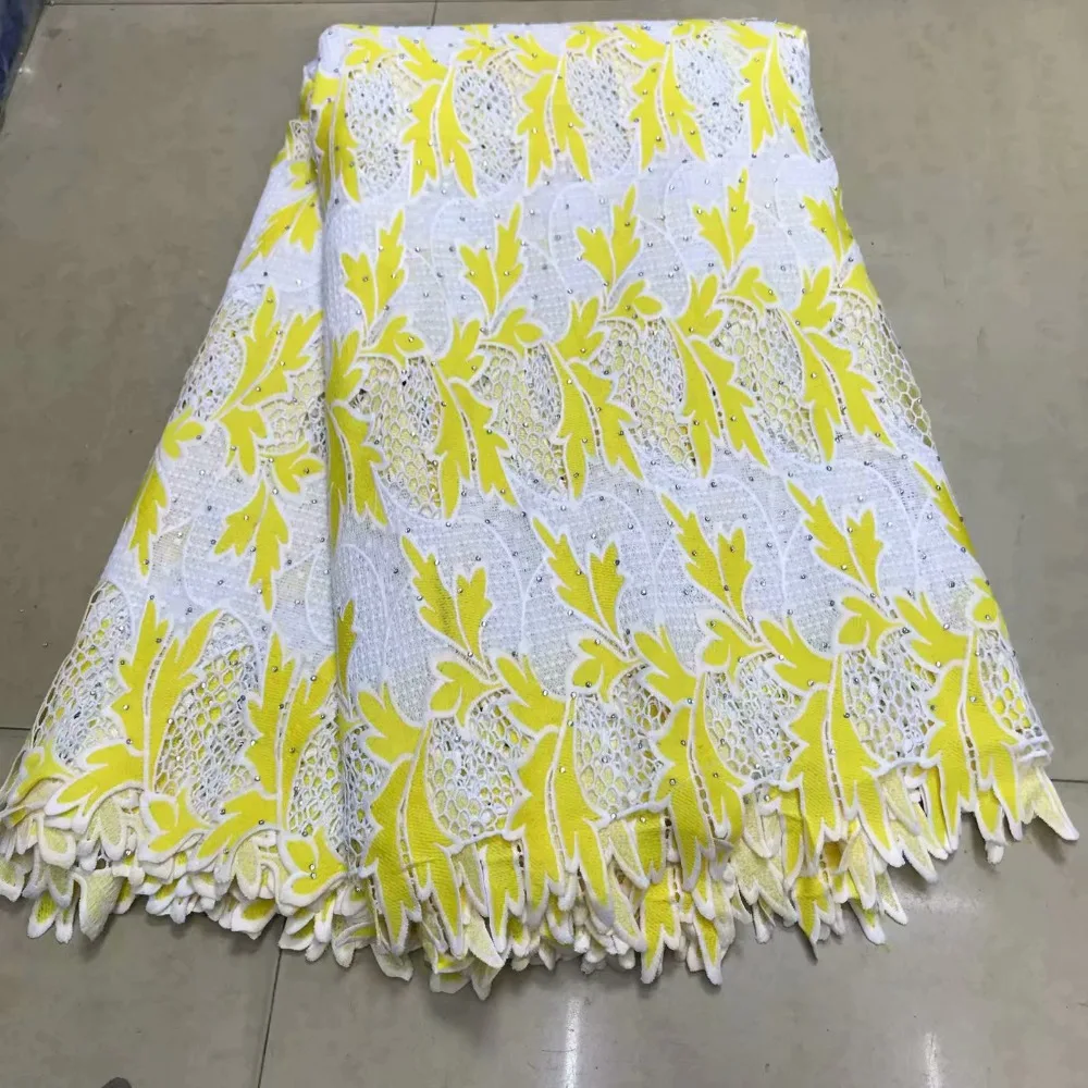

New designs African lace fabric White and yellow french rhinestones mesh let lace fabric African tulle fabric