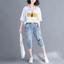 Женские джинсовые штаны размера плюс, летние, с вышивкой, с дырками, повседневные, женские джинсы, эластичная талия, длина по колено, свободные, шаровары, а438