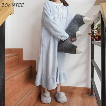 

Nightgowns Women Warm Thicker Solid Long Loose Flannel Lace Bow Single-breasted Womens Sleepwear Leisure Kawaii Soft Student New