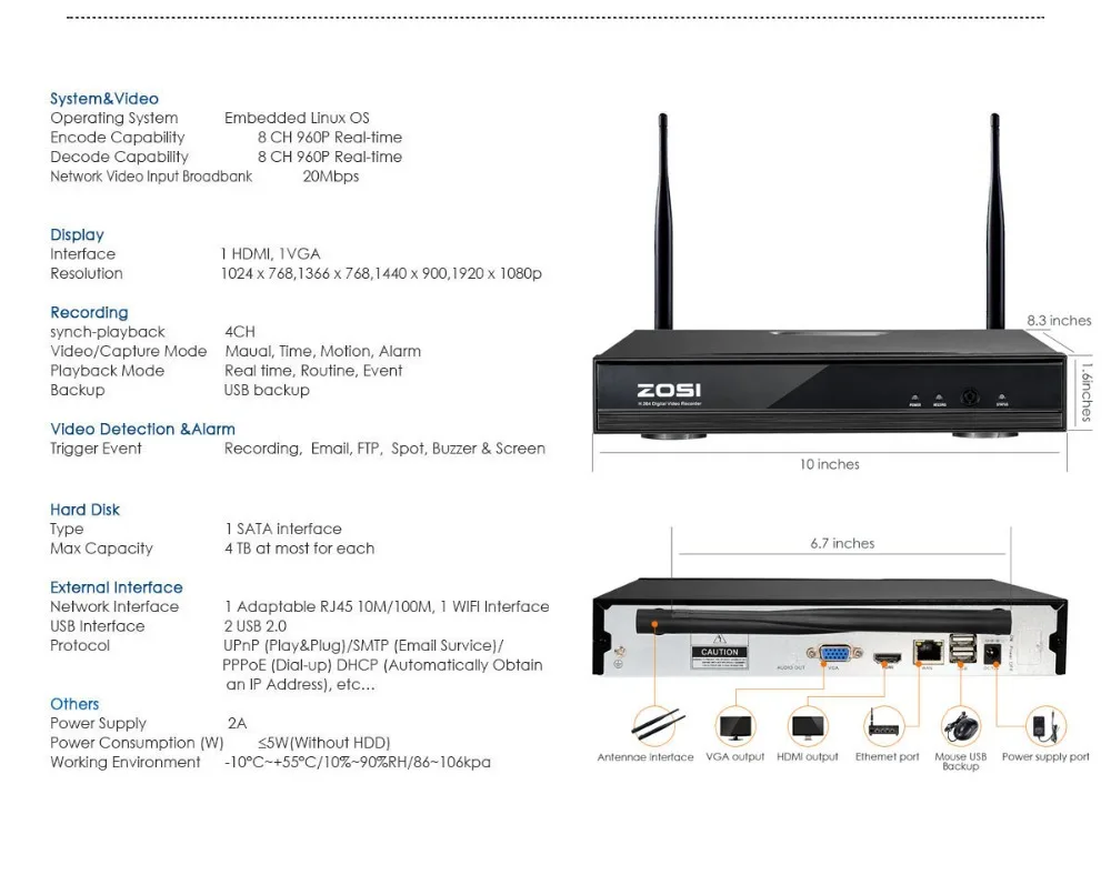 ZOSI 1 ТБ HDD 8CH система видеонаблюдения беспроводной 1080 P HDMI NVR 1.3MP 960 P wifi ip-камера видеонаблюдения домашняя система безопасности комплекты