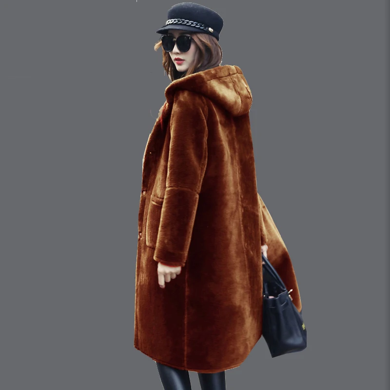 Высокое качество, женская зимняя куртка из овечьей кожи, кашемировая куртка с капюшоном, пальто с обеих сторон, верхняя одежда размера плюс QH1079