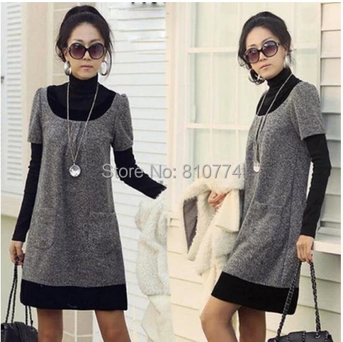 

2018 New Autumn and Winter Loose Plus size S-4XL basic Short-sleeve woolen one-piece Women Dress Spring Female Clothes