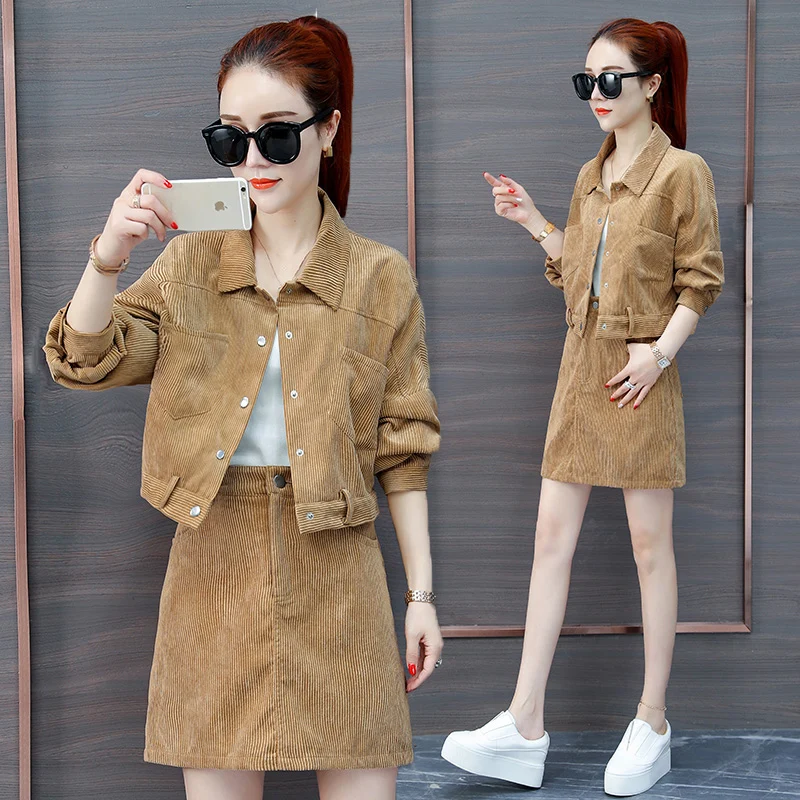 

2019 New Fashion Women's Two Piece Set Ladies Corduroy Jacket Coat+skirt Casual Women Set Spring Autumn Short Skirt+Outwear