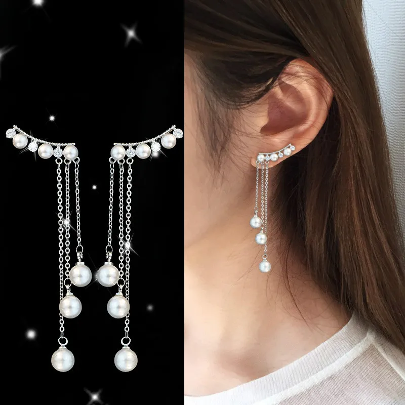 

Hot fashion temperament hypoallergenic 925 Tremella nail long Tassel Earrings female Pearl Pendant Earrings personality