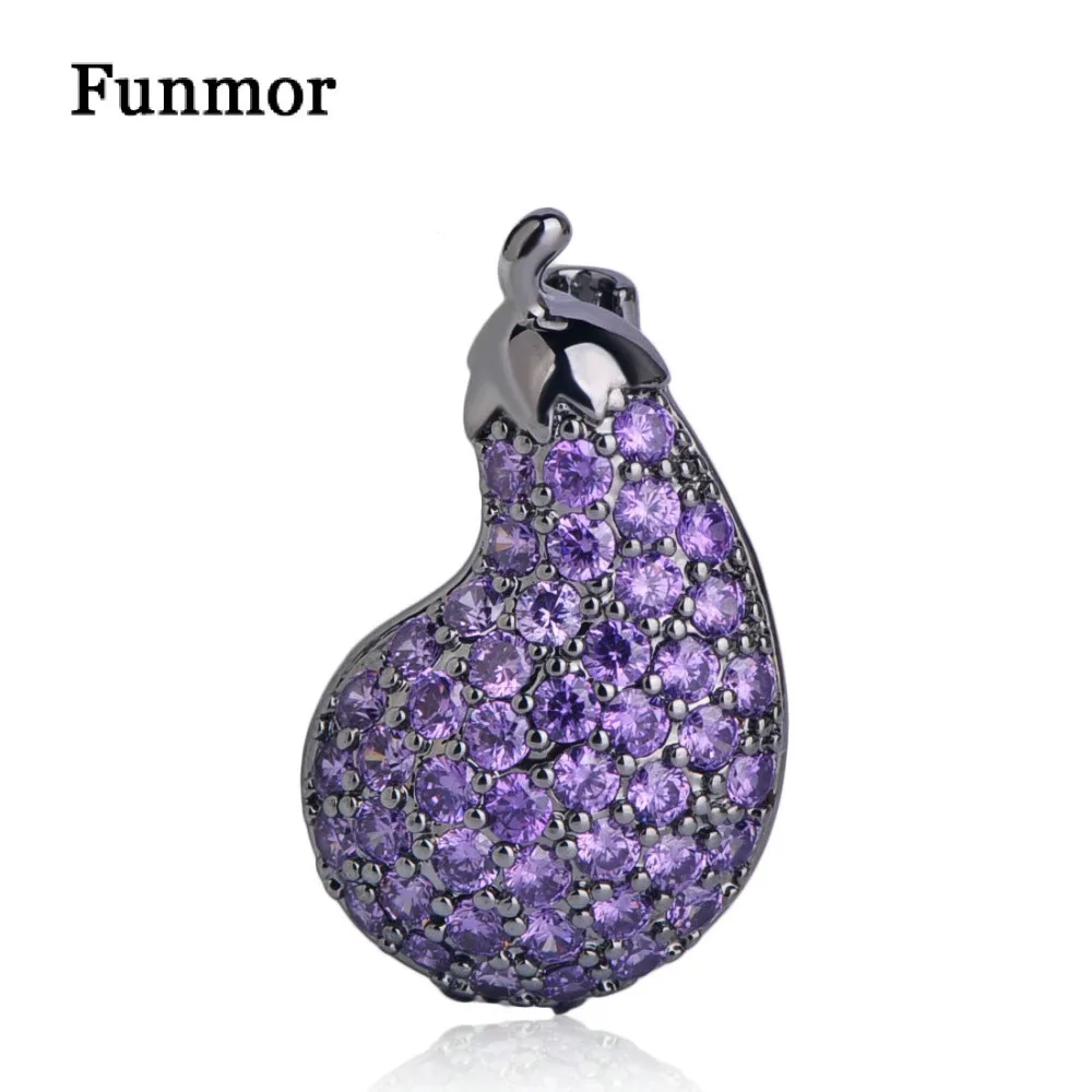 

FUNMOR Cute Copper Eggplant Shape Brooch Gun Black Color Full Purple Zircon Corsage Women Kids Small Vegetables Badge Hijab Pins