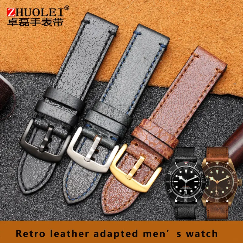 High-quality leather watch belt Qicheng Biwan small safflower small black shield retro series for men's watch 22m watch chain