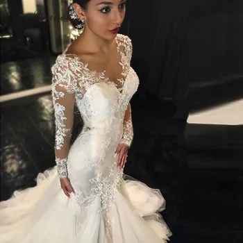 

U-SWEAR 2019 Sexy Lace Mermaid Wedding Dresses Deep V-Neck Long Sleeves Appliques Plus Size Cheap Formal Gowns vestido de novia