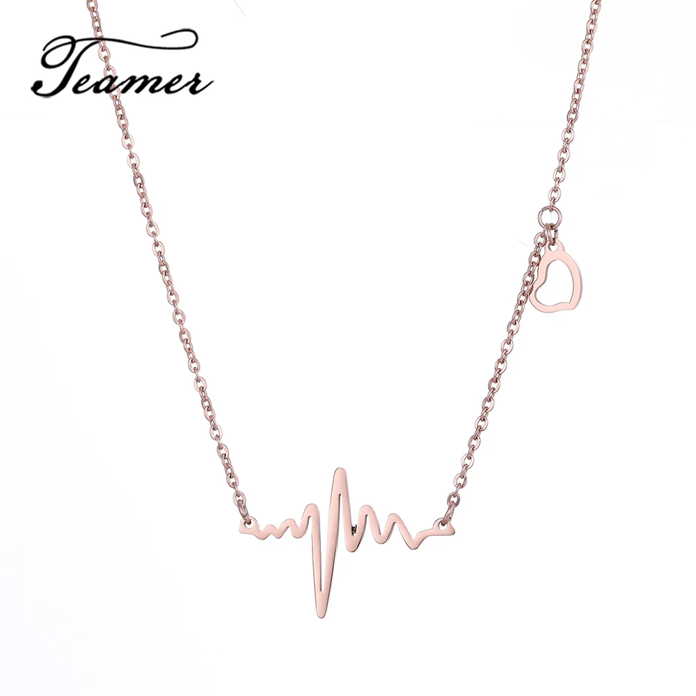 

Teamer Hollow Heart Heartbeat Pendant Necklace Women Rose Gold Stainless Steel Chokers Necklace Valentine's Day Gifts for Couple
