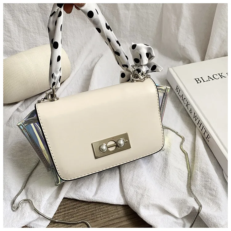 

Laser Flap Bags For Women Luxury Brand Designer Scarf Chain Ladies Transparent Shoulder Bags Pearl Clear Female Crossbody Bag