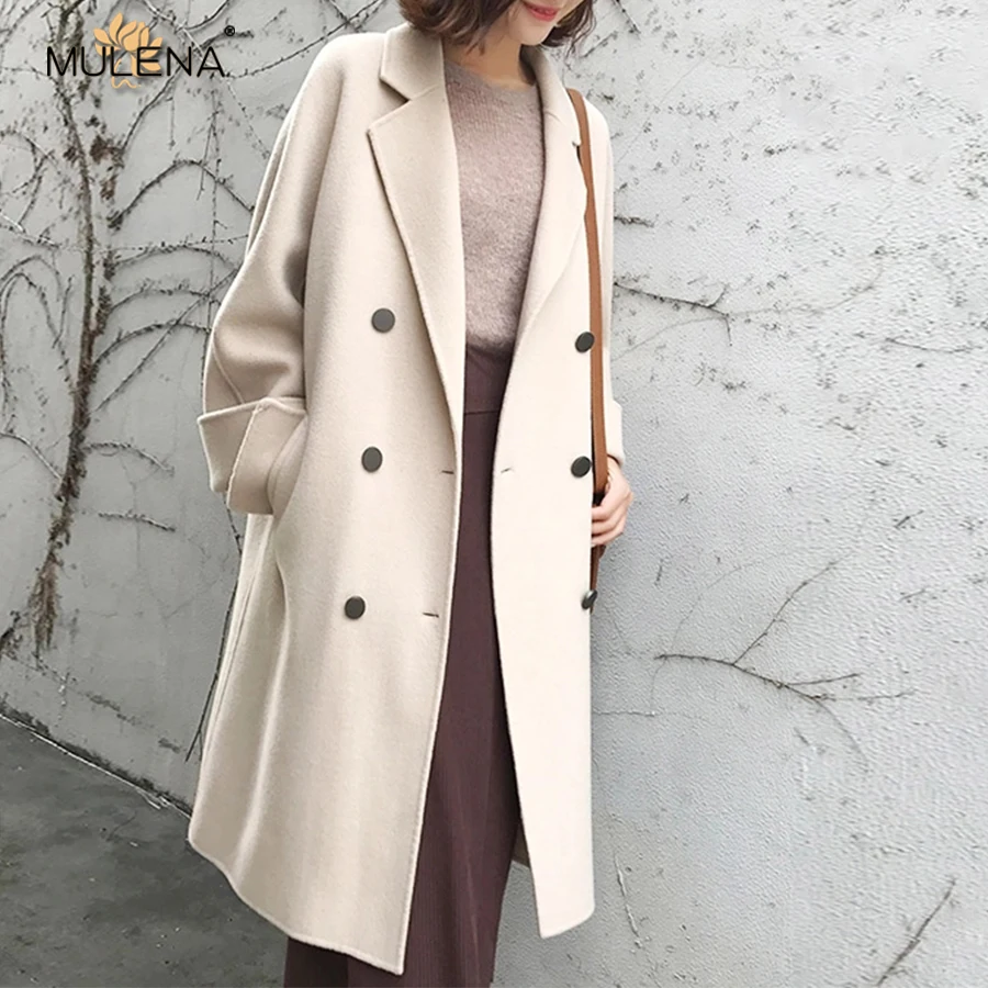Mulena Loose Double Faced Woolen Coat Women Solid Double Breasted Pocket Long Ladies Coats Straight Outerwear Female Fall Spring