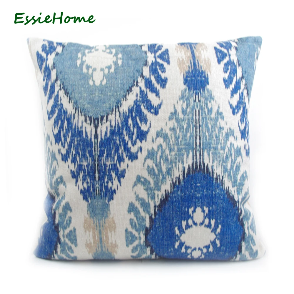 

ESSIE HOME High-End Hand Print Light Blue Ikat Pattern Pillow Case Cushion Cover For Sofa Vintage Look Home Decoration Throw