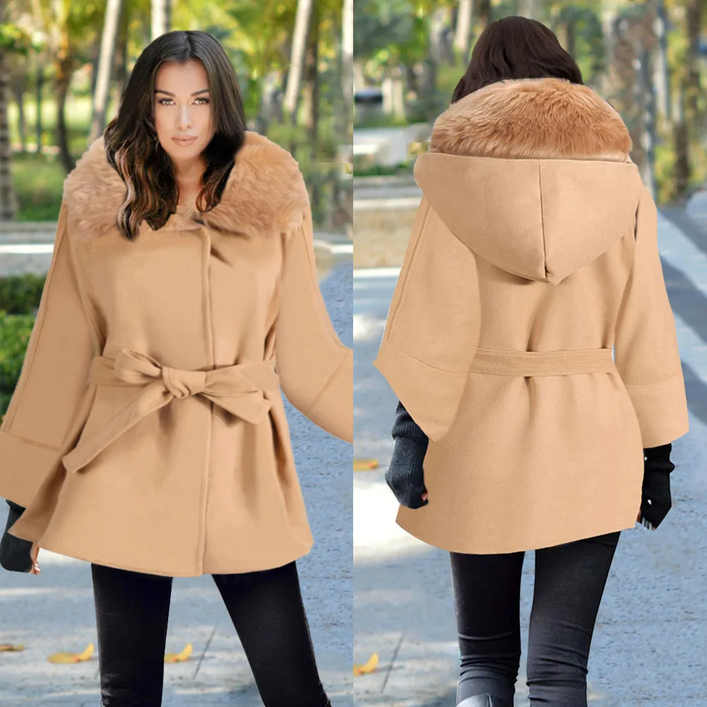 

Fashion Women Wool Coat with Sashes Fashion Hooded Women's Woolen Jacket Loose Solid Fur Collar Detachable Coat and Jacket