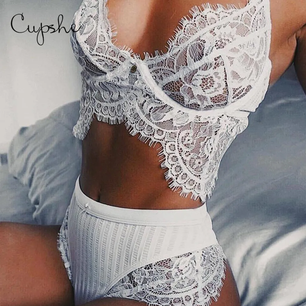  CUPSHE Women Pure White Mesh Lace High Waist Lingerie Set 3/4 Cup Sexy Brassiere Wireless Bralette 