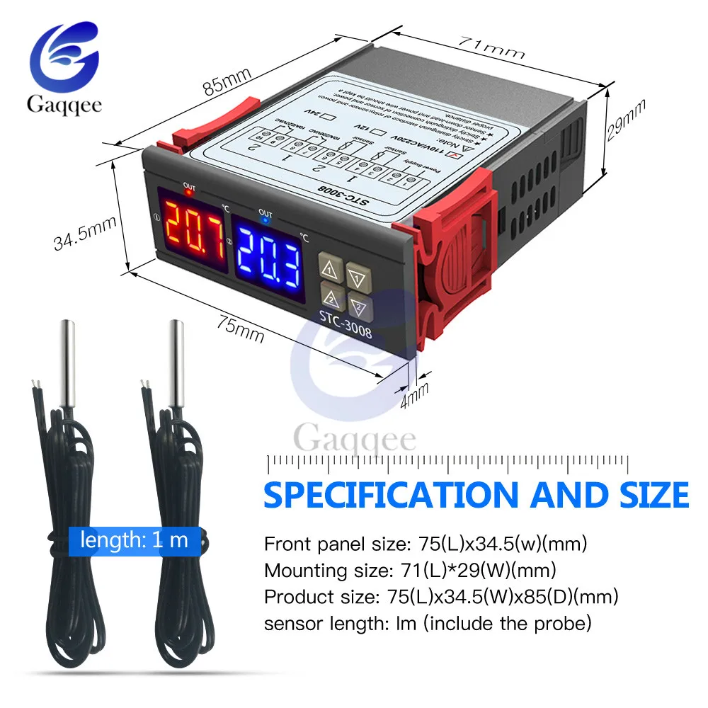 STC-3008, двойной цифровой регулятор температуры, два релейных выхода, термостат с датчиком, DC12V, 24 В, AC110-220V, домашний холодильник, прохладное тепло