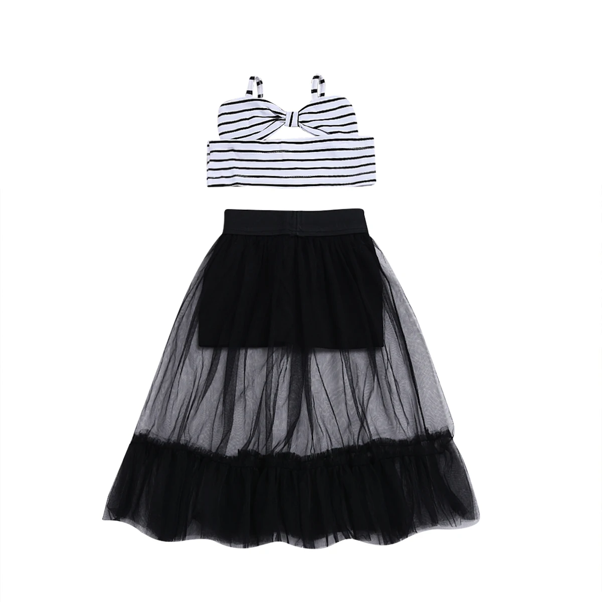 

Summer Toddler Kids Baby Girl Stripe Sling Bow Tops + Black Tulle Skirts 2Pcs Children Outfit