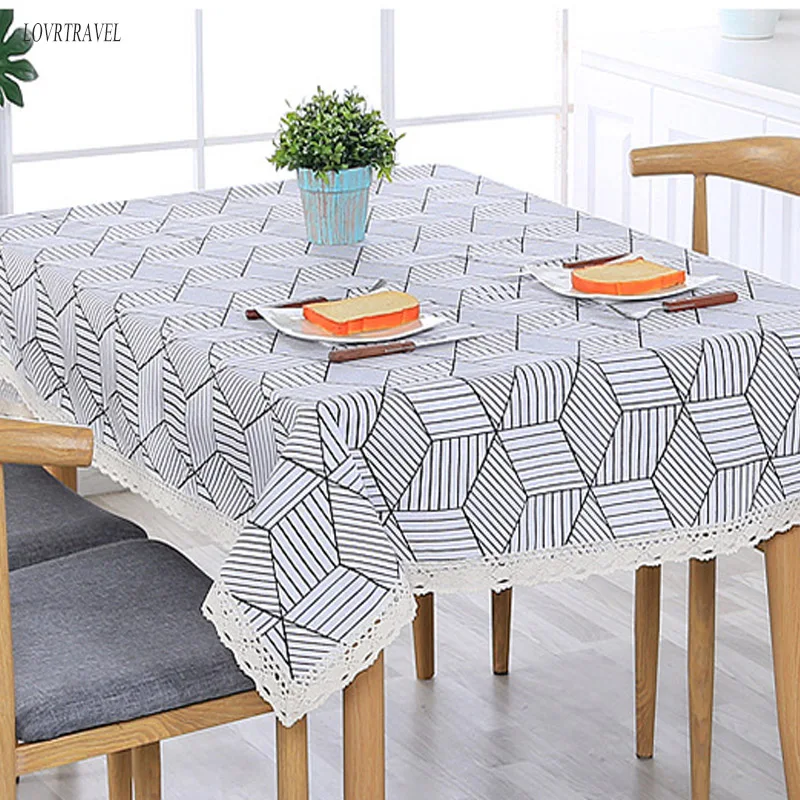 

Modern Decorative Linen Tablecloth With lace Waterproof Oilproof Thick Rectangular Wedding Dining Table Cover Tea Table Cloth
