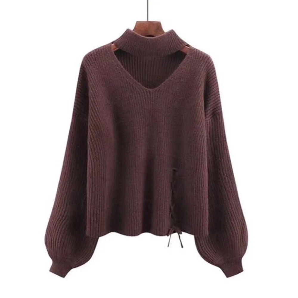 Wipalo, женский свитер и пуловеры, Осень-зима, джемпер с вырезами, v-образный вырез, рукав-фонарик, толстые свитеры с чокером, одноцветные, для женщин - Color: Brown