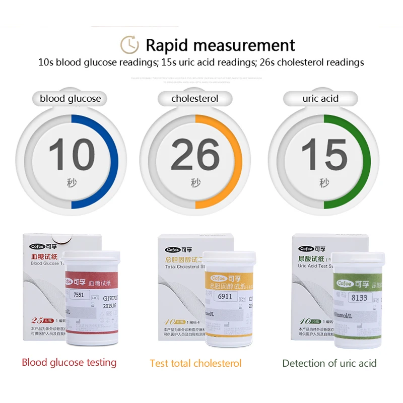 Cofoe 3 in 1 Cholesterol Monitor Uric Acid Tester Blood Glucose Meter Kit With Test Strips Lancets Diabetes Multi-Monitor Device