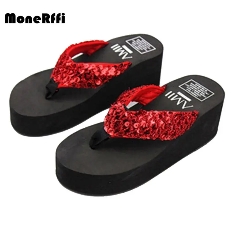 

2019 New Women's Slippers Sequins Anti-Slip Sandals Thong Mid Heels Platform Slippers Flip-flops Indoor Outdoor