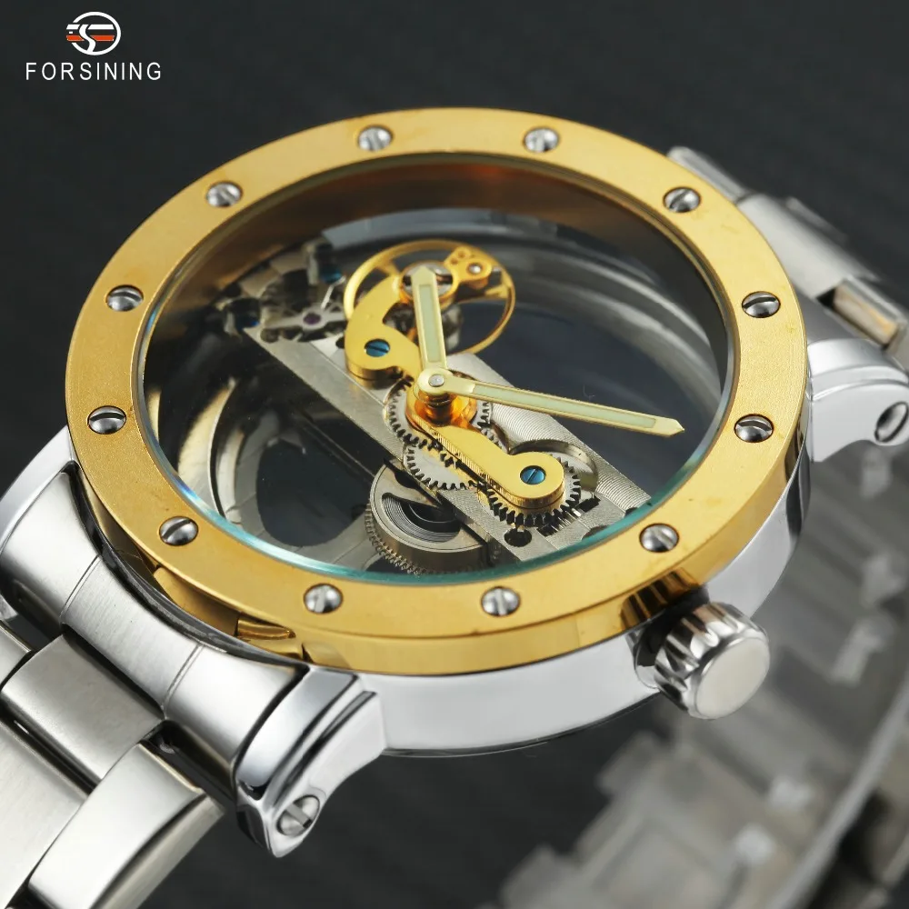 

Men Fashion Vintage Mechanical Wrist Watches Stainless Steel Watchband Male Automatic Transparent Golden Bridge Top Brand Luxury