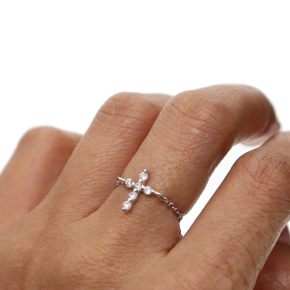 

2019 High quality 925 sterling silver cute delicate Faith Cross women jewelry pave tiny CZ dainty adjust chain girl fashion Ring