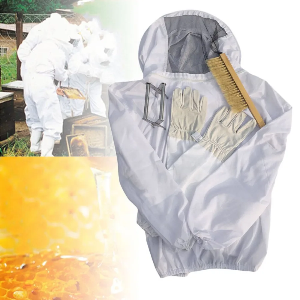 

4PCS/SET Beekeeping Suit Tool Set Breathable Unisex White Beekeeping Jacket + Bee Brush + Lifter + Gloves Set Equipment