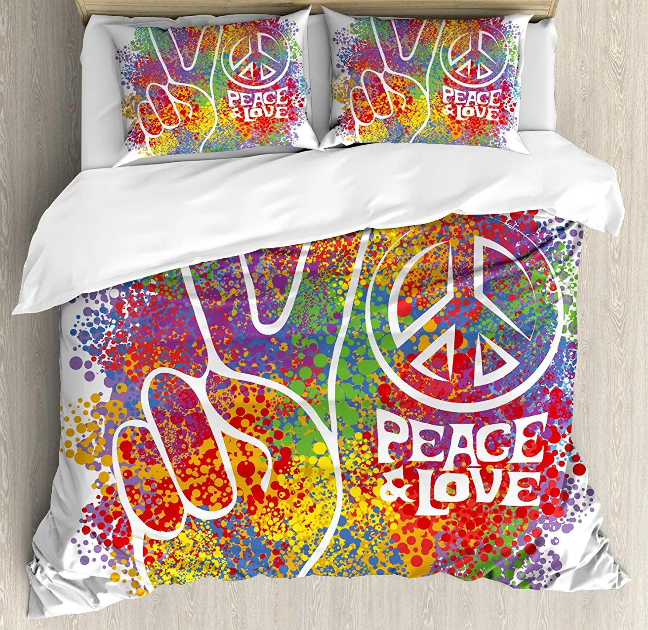 

Duvet Cover Set, Hippie Peace and Love Symbol and Signs Two Fingers Pacifist Colorful Design Art, 4 Piece Bedding Set