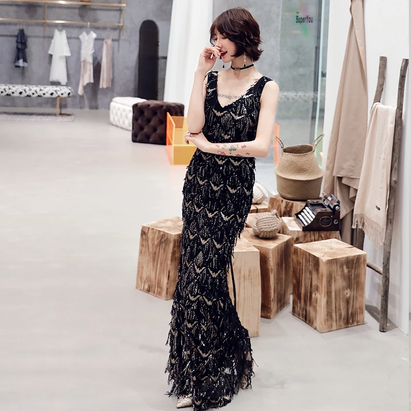 wei yin Black Tassel Evening Dresses Long Mermaid V-Neck Formal Dress Sequined Abendkleider Women robe de soiree longue WY1690 wei yin Black Tassel Evening Dresses Long Mermaid V-Neck Formal Dress Sequined Abendkleider Women robe de soiree longue WY1690