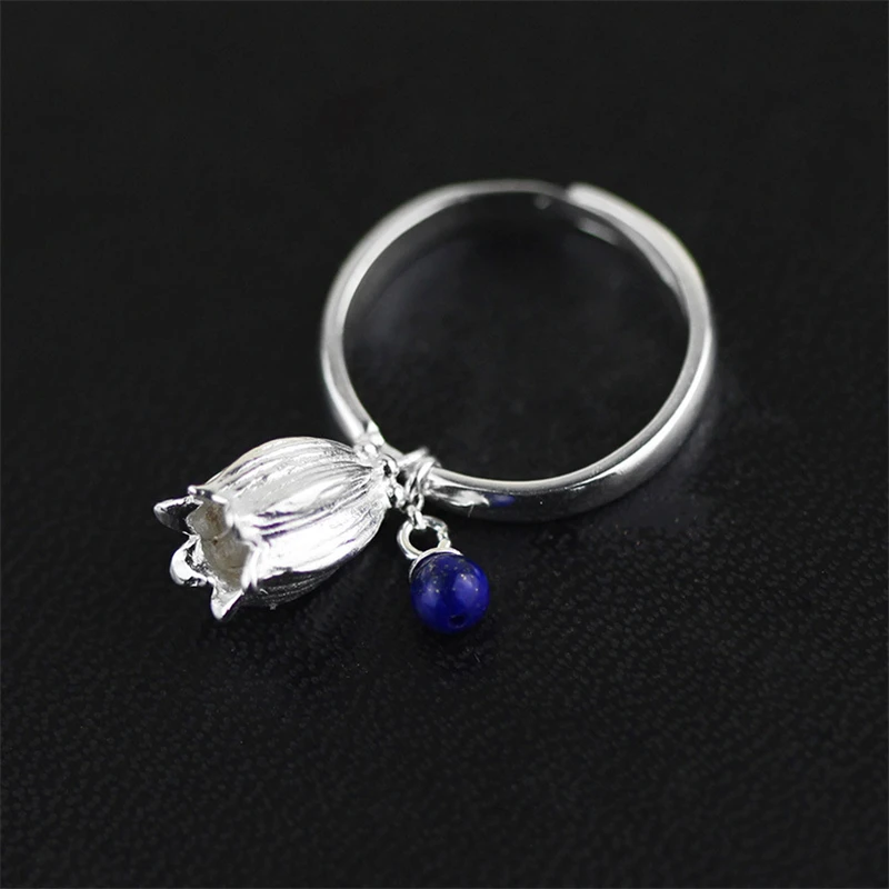Lotus Fun Real 925 Sterling Silver Natural Lapis Stone Handmade Creative Designer Fine Jewelry Redbud Flower Female Rings Bijoux