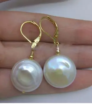 

free shipping Huge 17-18mm White Baroque South Sea Pearl Earrings 14K YELLOW GOLD