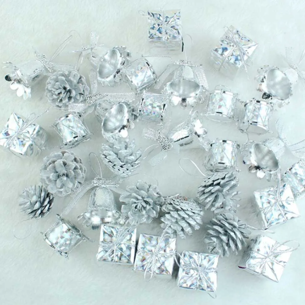 32PCS Christmas Ornaments Silver Pinecone Bell Gift Shaped Hanging Pendants Christmas Tree Decor Christmas Decorations for Home