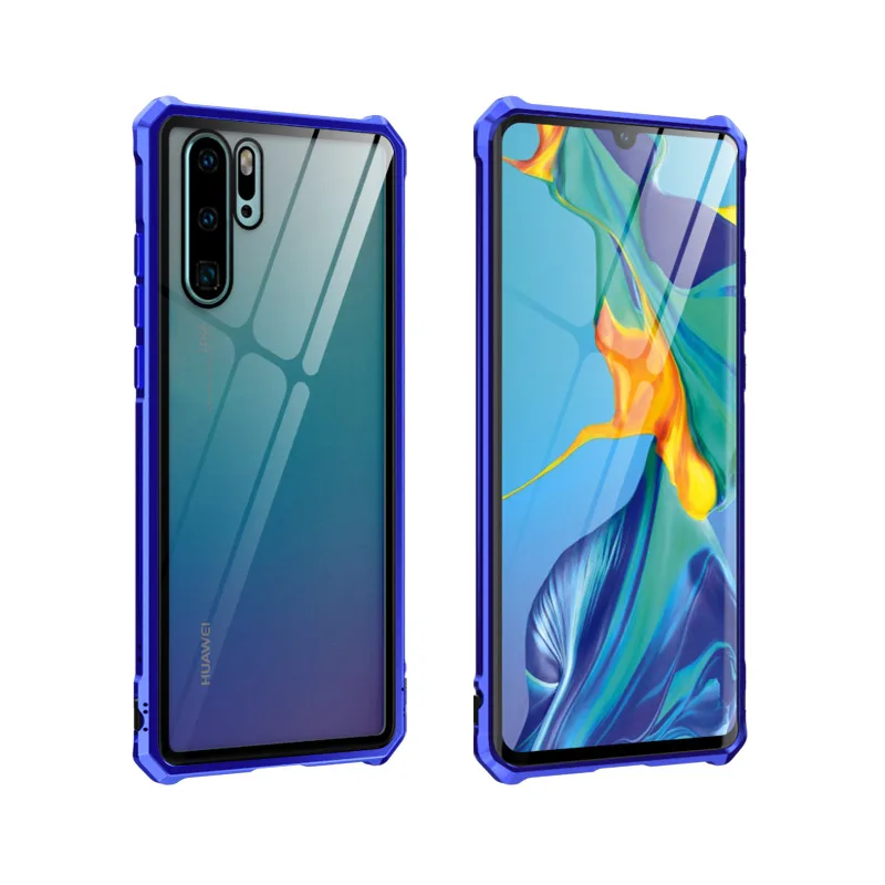 Алюминиевый бампер чехол для телефона huawei P30 Pro P30 lite Nova 5 5I 4E металлическая рамка бронированный чехол Honor 9X20 V20 8X MAX стеклянный чехол - Цвет: Синий