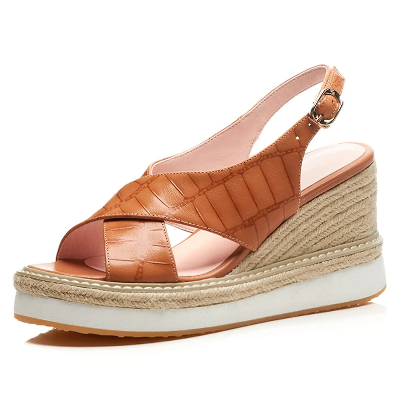 

Genuine Leather Women Platform Sandals 8.5 CM Heel Wedges Thick Soles Open-toe Buckle Pumps Woman Shoes Box Packing 3043