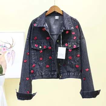 

2019 Spring Women's Black Denim Jacket Casual Cowboy Short Coat Korean Love Sequin Studded Denim Coats Outwear