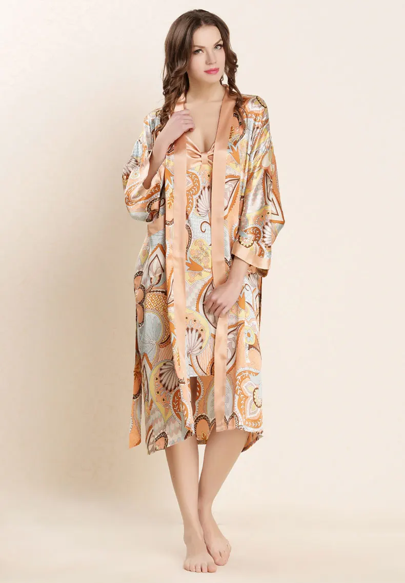 Высокое качество натуральный шелк спальный халат наборы женский сексуальный натуральный шелк пижамы женские модные принтованные халаты с длинными рукавами W4201