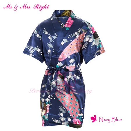 Модная одежда для девочек с цветочным рисунком; атласное кимоно; халат с павлином для маленькой невесты; детская одежда для сна; летние юбки - Цвет: Navy Blue