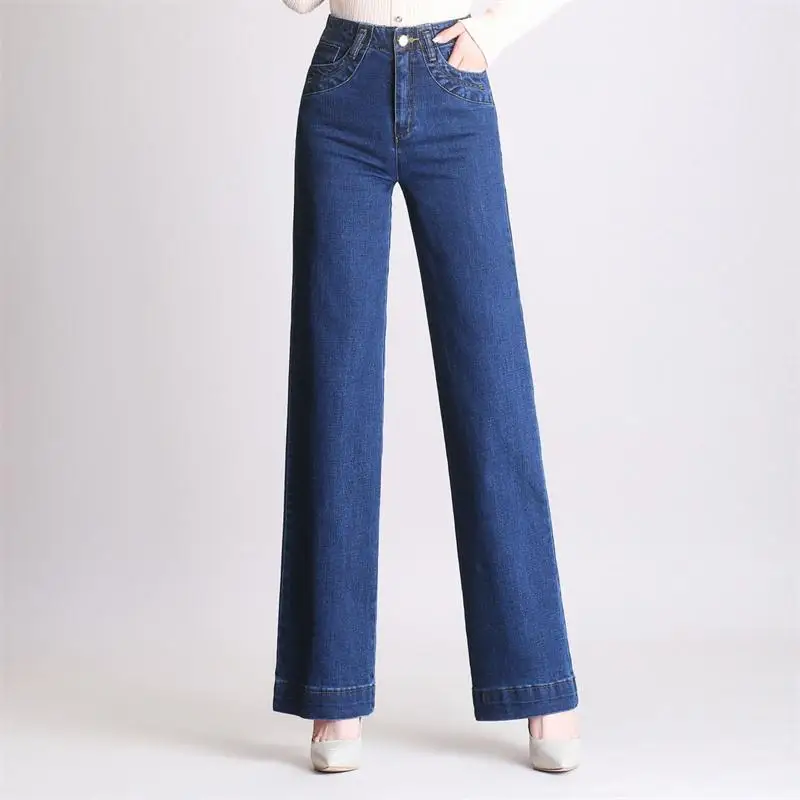 Free Shipping 2018 Autumn Womens Jeans Office Lady High Waist Wide Leg