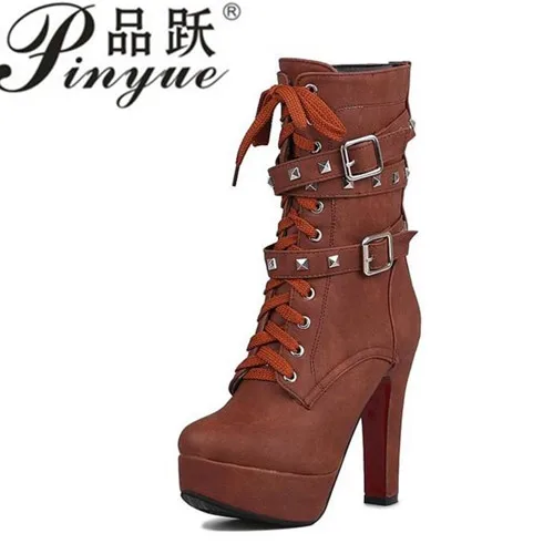 

2018 Sexy Extreme High Heels Black Women Platform Motorcycle Ankle Boots Lace Up Rivets Punk Boots Buckle Straps Ladies 33--43