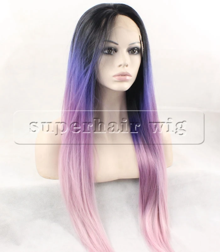 New long straight full wig black purple pink ombre color wig glueless